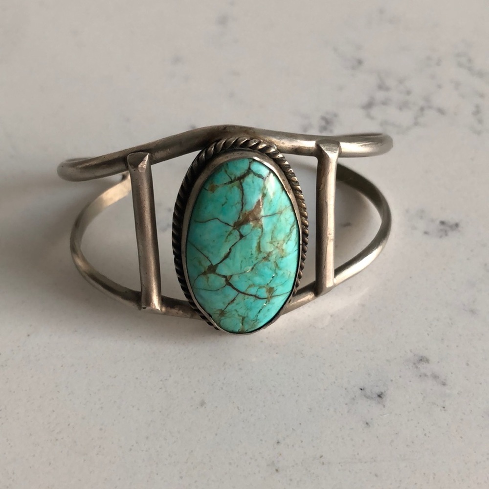 Navajo Artist N Lee Signed Turquoise Sterling Cuff